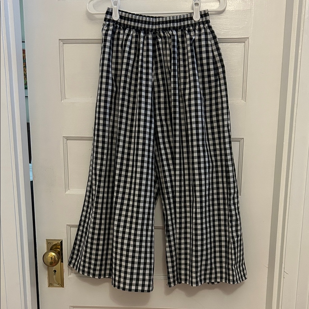 Elegant Black and White Gingham Wide Leg Pants XS